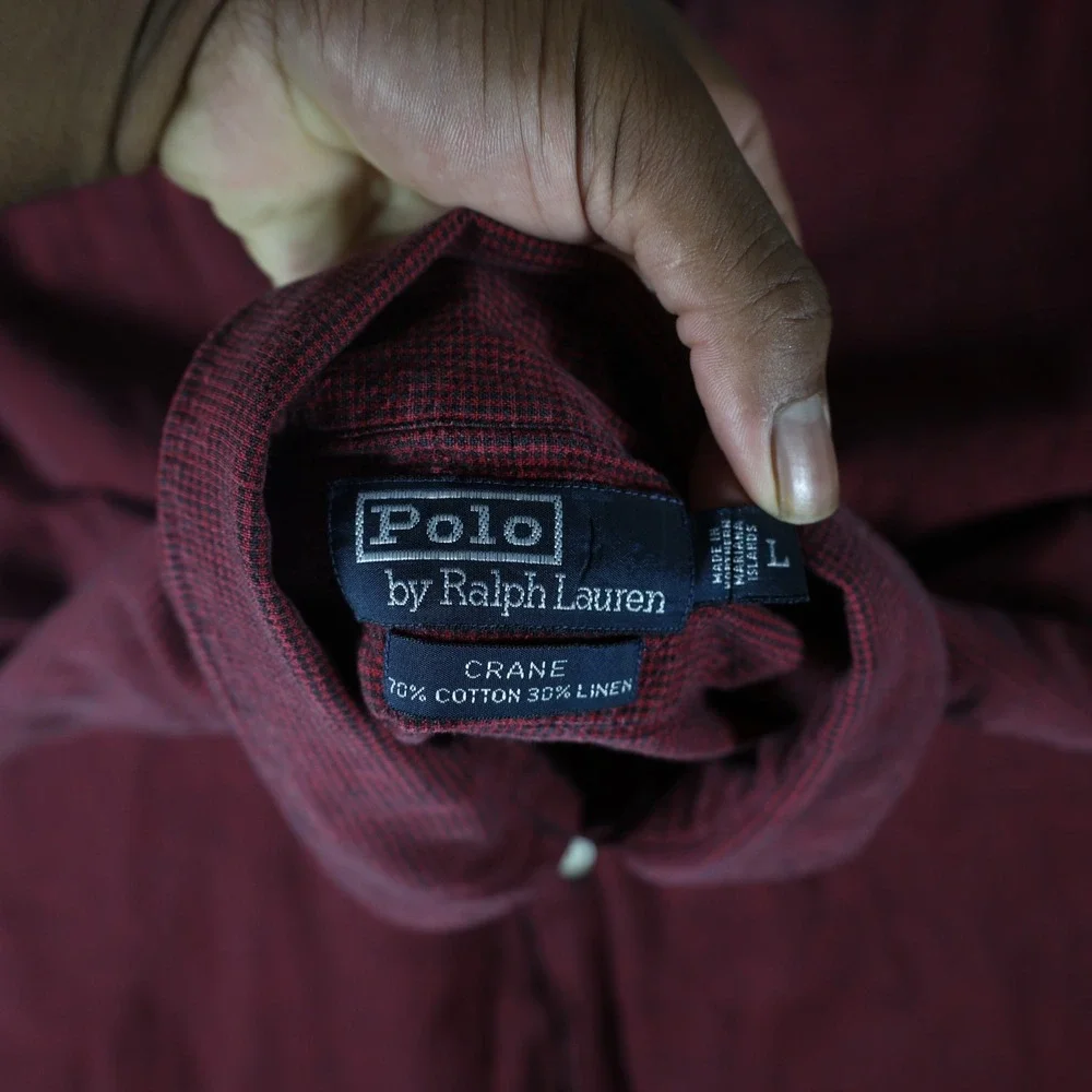 Vintage Polo Ralph Lauren Mens Large Red Navy Check Cotton Linen Button Shirt